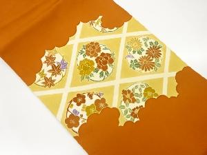 塩瀬金彩金駒刺繍格子に花丸文模様名古屋帯